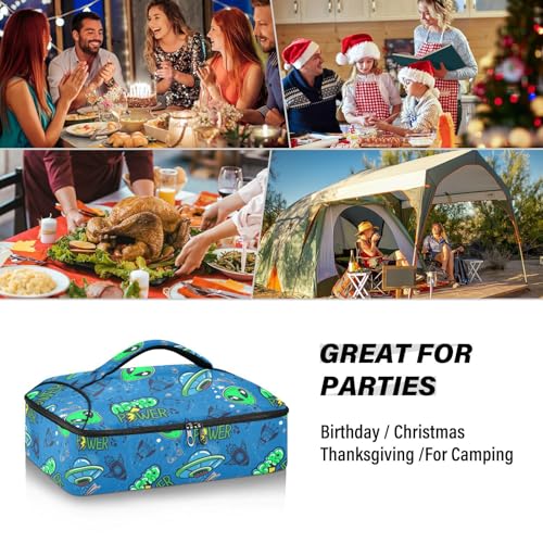 Kcldeci Insulated Thermal Food Carrier Insulated Casserole Carrier for Hot or Cold Food,Space Alien Sticker Pattern Insulated Tote Bag for Potluck Cookouts Parties Picnic,Lasagna Lugger