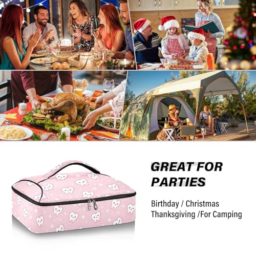 Kcldeci Insulated Thermal Food Carrier Insulated Casserole Carrier for Hot or Cold Food,Teeth on A Pink Insulated Tote Bag for Potluck Cookouts Parties Picnic,Lasagna Lugger