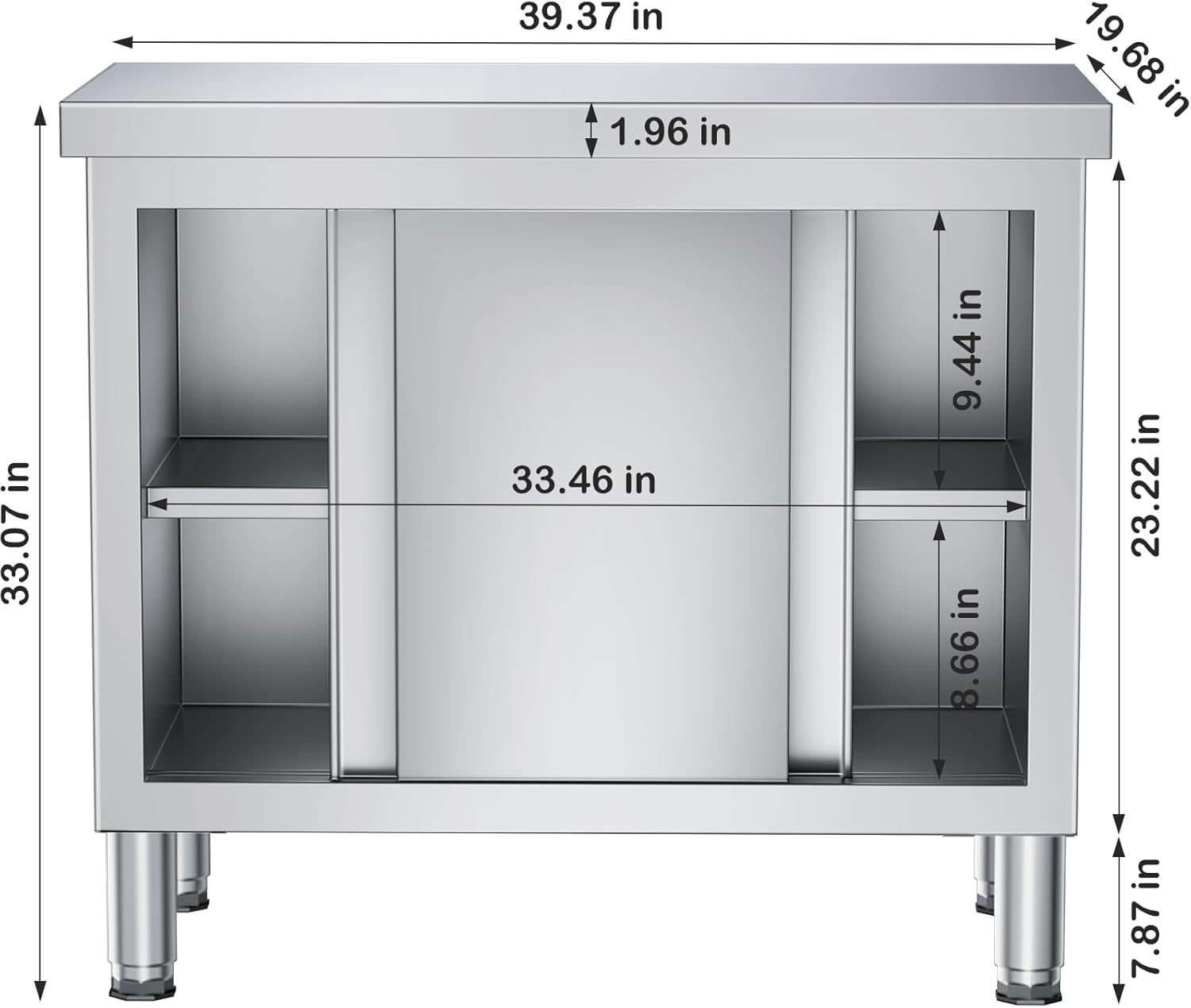 ZZV Stainless Steel Work Table Cabinet with 2 Sliding Doors, 39" x 19" Commercial Kitchen Work Table for Prep & Work, Heavy Duty Prep Table with 2-Layer Cabinet for Home, Restaurant, Garage, Warehouse