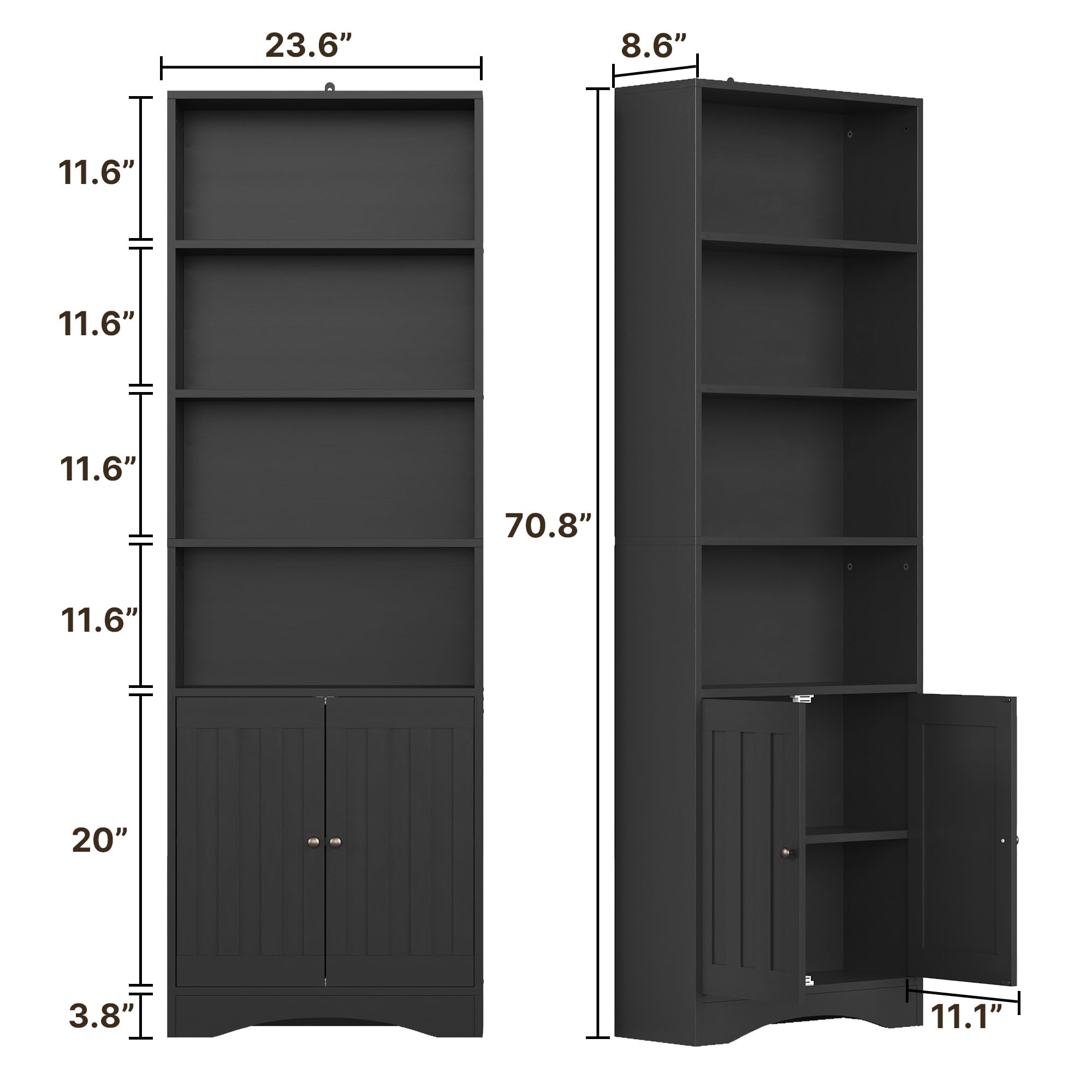 Gizoon 2 Pieces Storage Cabinet, 71” Floor Cabinet, 6-Shelf Cabinet with Doors, Adjustable Shelves, Open Shelves, Anti-Tip, for Kitchen Room, Living Room, Office, Black