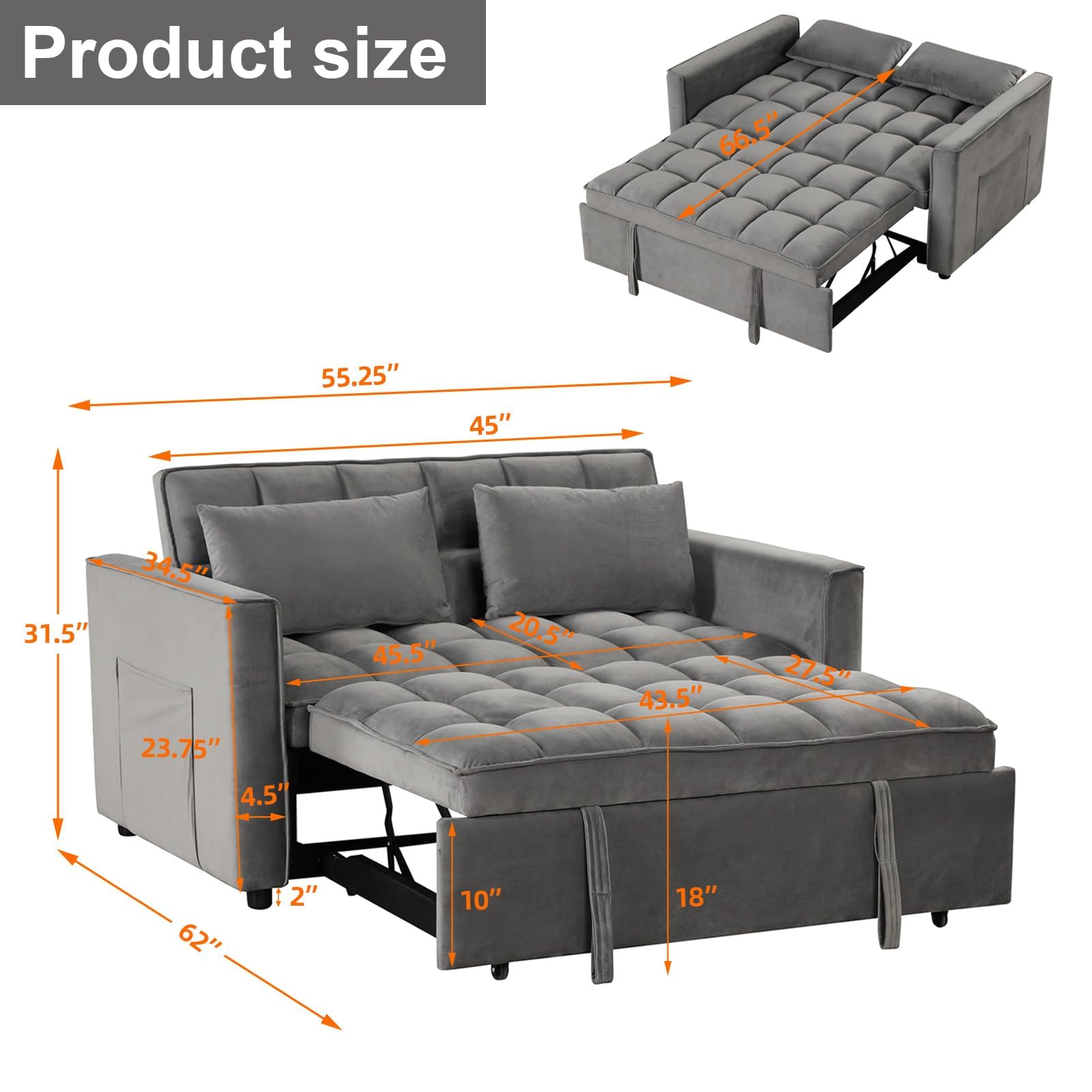 EBELLO 3 in 1 Convertible Sleeper Sofa Bed, Modern Velvet Loveseat Futon Couch Pullout Bed with Side Storage Pockets and Pillows, Small Love Seat Lounge Sofa Bed for Small Space,Light Grey