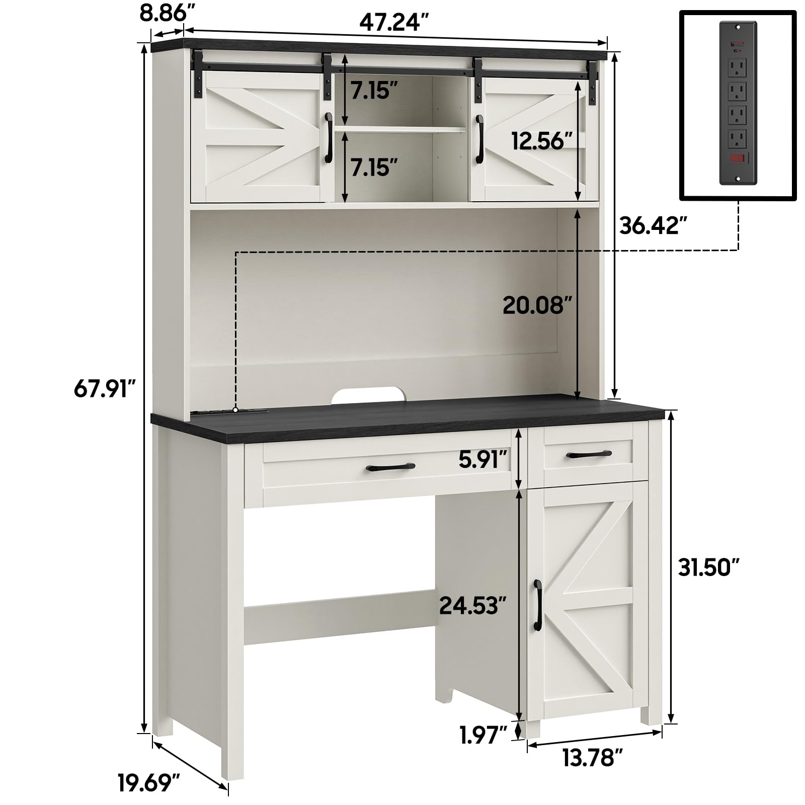 Farmhouse 47" Executive Desk, Computer Desk with 2 Drawers and Storage Cabinet, Home Office Desk with Hutch, Charging Hub, Workspace for Work and Study,Black