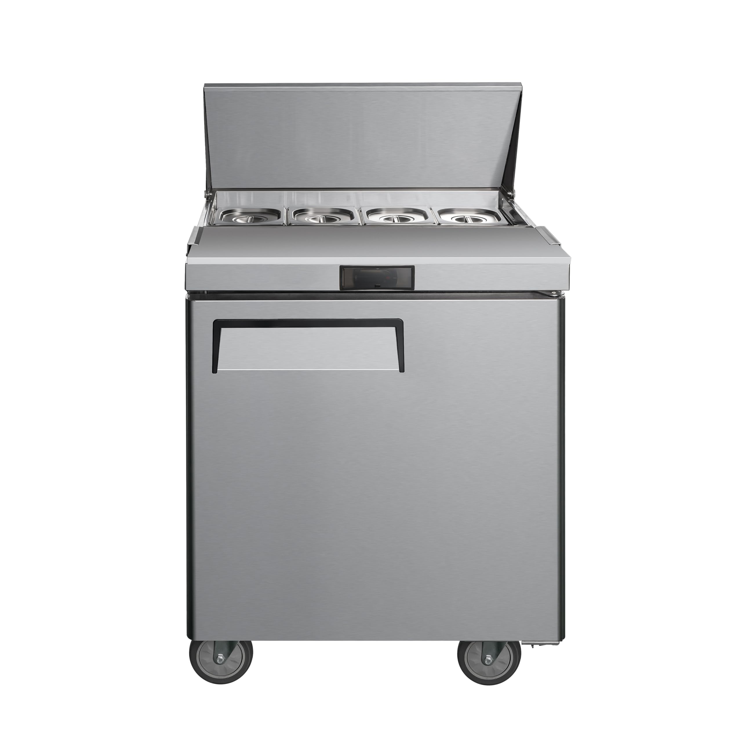 Quantum Commercial Grade Mega Top Sandwich/Salad Prep Table | Stainless Steel | 1 Door | Insulated Lid | Cutting Board Included | (12) 1/6 Size Pans Included | 27.5” W x 34” D x 46.5” H