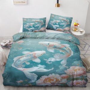 epzylqyr white fish couple duvet cover full size, underwater peony duvet cover set 3 pcs, 3d fish bedding set with zipper closure, 1 duvet cover 80x90 inches and 2 pillow shams