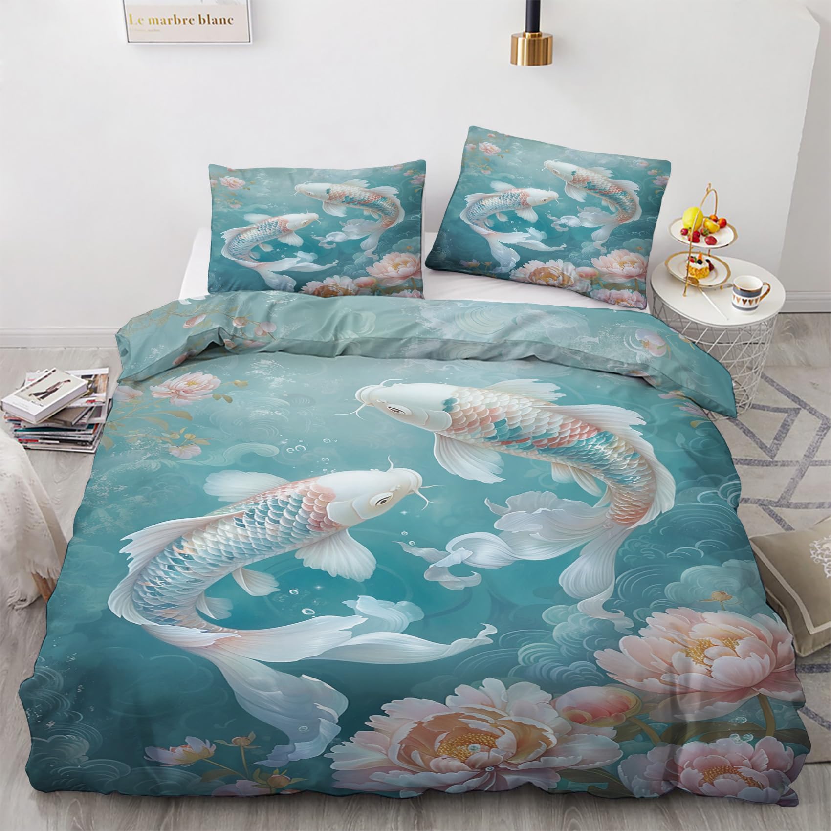 Epzylqyr White Fish Couple Duvet Cover Full Size, Underwater Peony Duvet Cover Set 3 pcs, 3D Fish Bedding Set with Zipper Closure, 1 Duvet Cover 80x90 inches and 2 Pillow Shams