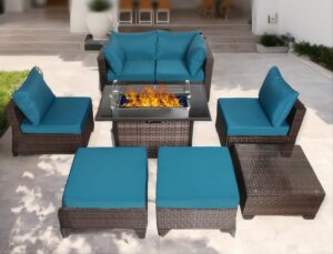 vrshwo 8 pieces outdoor patio furniture set with fire pit table 44", 50000 btu propane gas fire pit, patio sectional conversation sets wicker rattan sofa couch with coffee table, blue