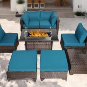 VRSHWO 8 Pieces Outdoor Patio Furniture Set with Fire Pit Table 44", 50000 BTU Propane Gas Fire Pit, Patio Sectional Conversation Sets Wicker Rattan Sofa Couch with Coffee Table, Blue