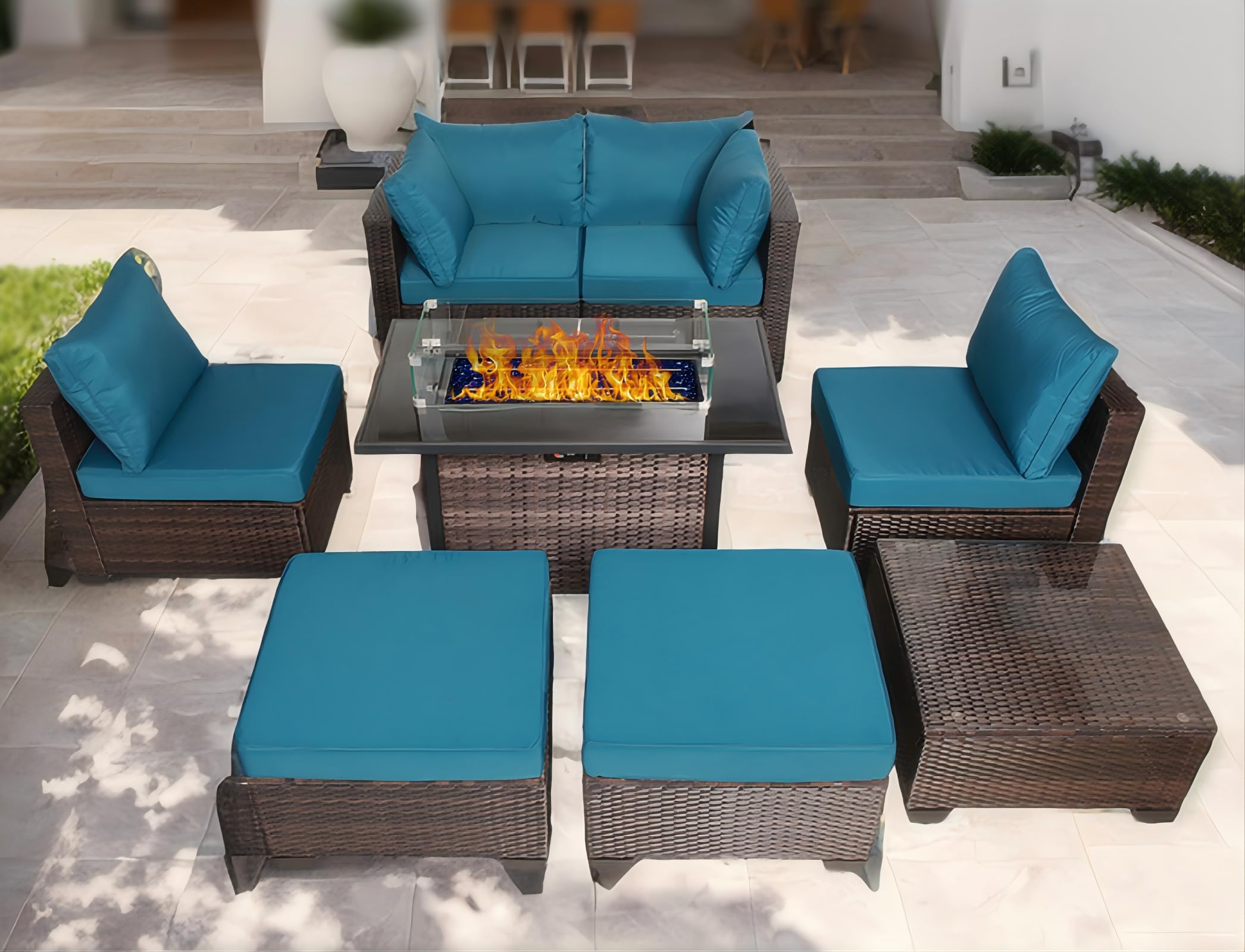 VRSHWO 8 Pieces Outdoor Patio Furniture Set with Fire Pit Table 44", 50000 BTU Propane Gas Fire Pit, Patio Sectional Conversation Sets Wicker Rattan Sofa Couch with Coffee Table, Blue