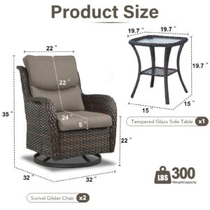 Artfurniz Outdoor Swivel Rocker Patio Chairs with 5" Thick Cushion - 3 Piece Wicker Bistro Set with Side Table, High Back Comfty Outdoor Glider Chairs for Balcony, Porch, Deck, Poolside - Brown/Gray