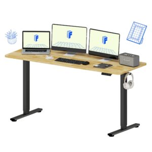 flexispot en1 one-piece solid wooden standing desk 63 x 24 inches height adjustable electric sit stand home office desks (black frame + rubber wood top, 2 packages)