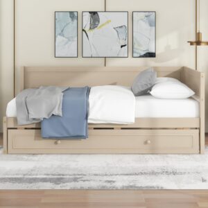 Merax Twin Size Wood Daybed with Trundle and Guardrail, Beige