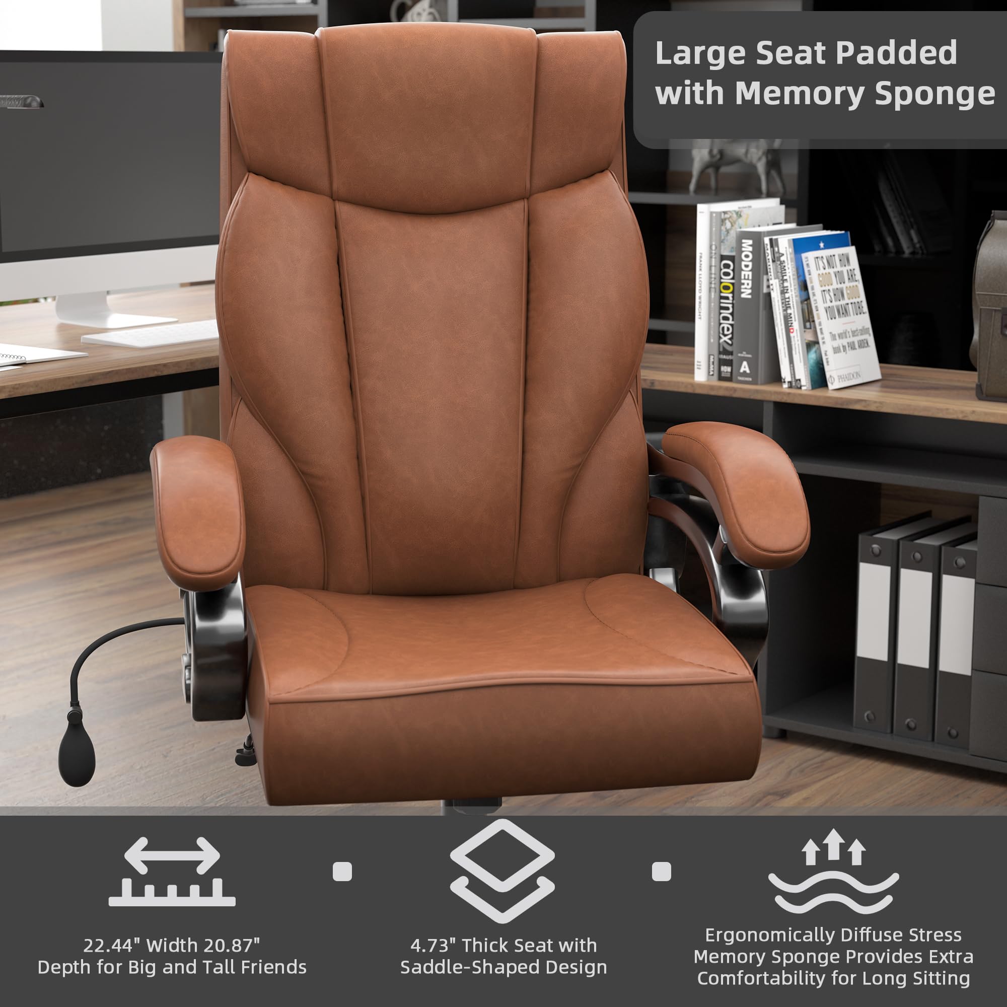 HONIFUR Big and Tall Executive Office Chair, Wide Seat Leather Chair with Lumbar Support and Comfy Arms, Ergonomic High Back Computer Desk Chair for Home (Brown)