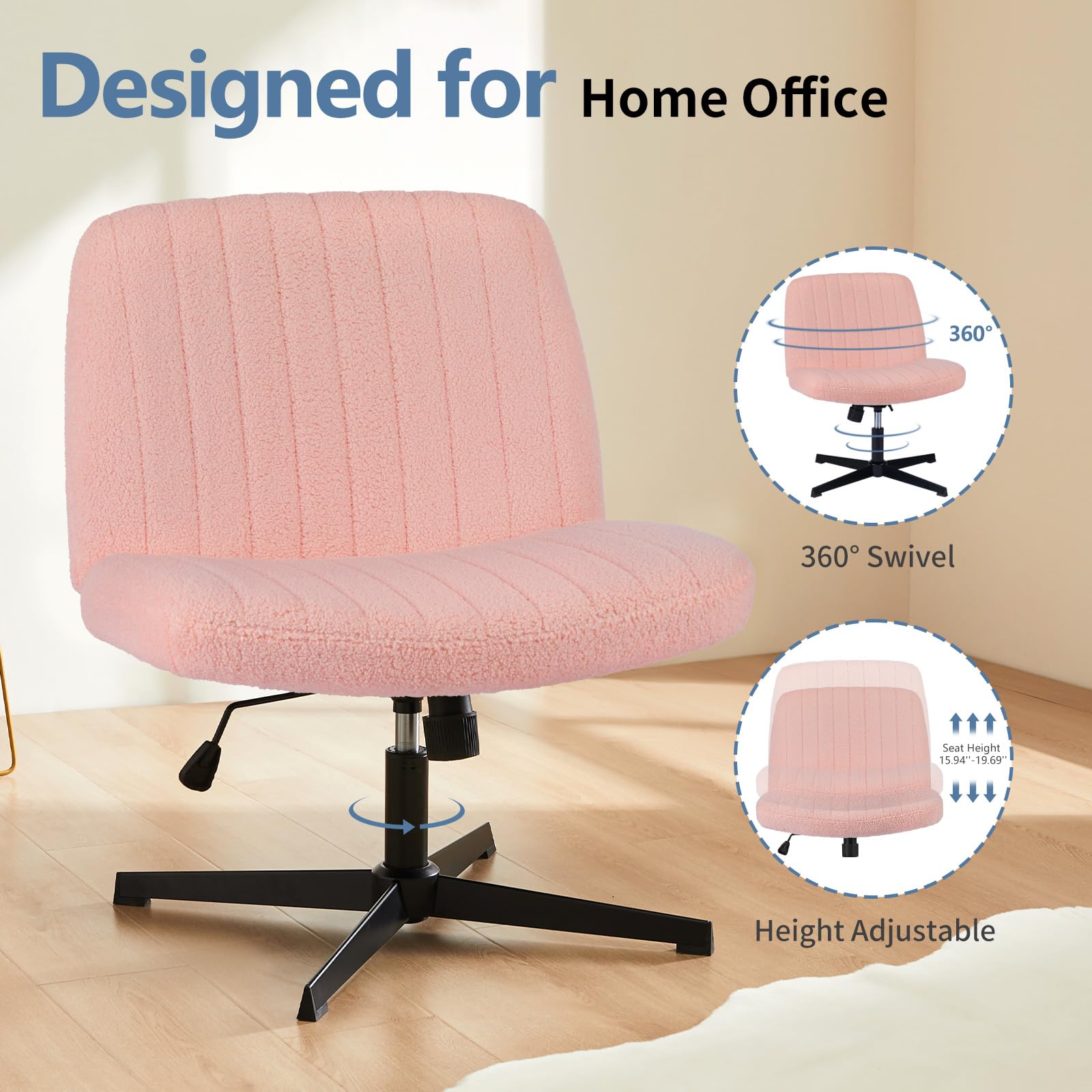 UOCFYK Criss Cross Chair, Armless Desk Chair Wide Seat for Home Office Vanity, No Wheels, Height Adjustable, 360° Swivel, Pink