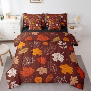 Erosebridal Autumn Harvest Comforter 7 Pieces King Size for Kids Teens with 2 Pillow Cases Fall Leaves Bedding Set Thanksgiving Day Sheet Set Rustic Farmhouse Bed Set Gold Fallen Leaf Fitted Sheet