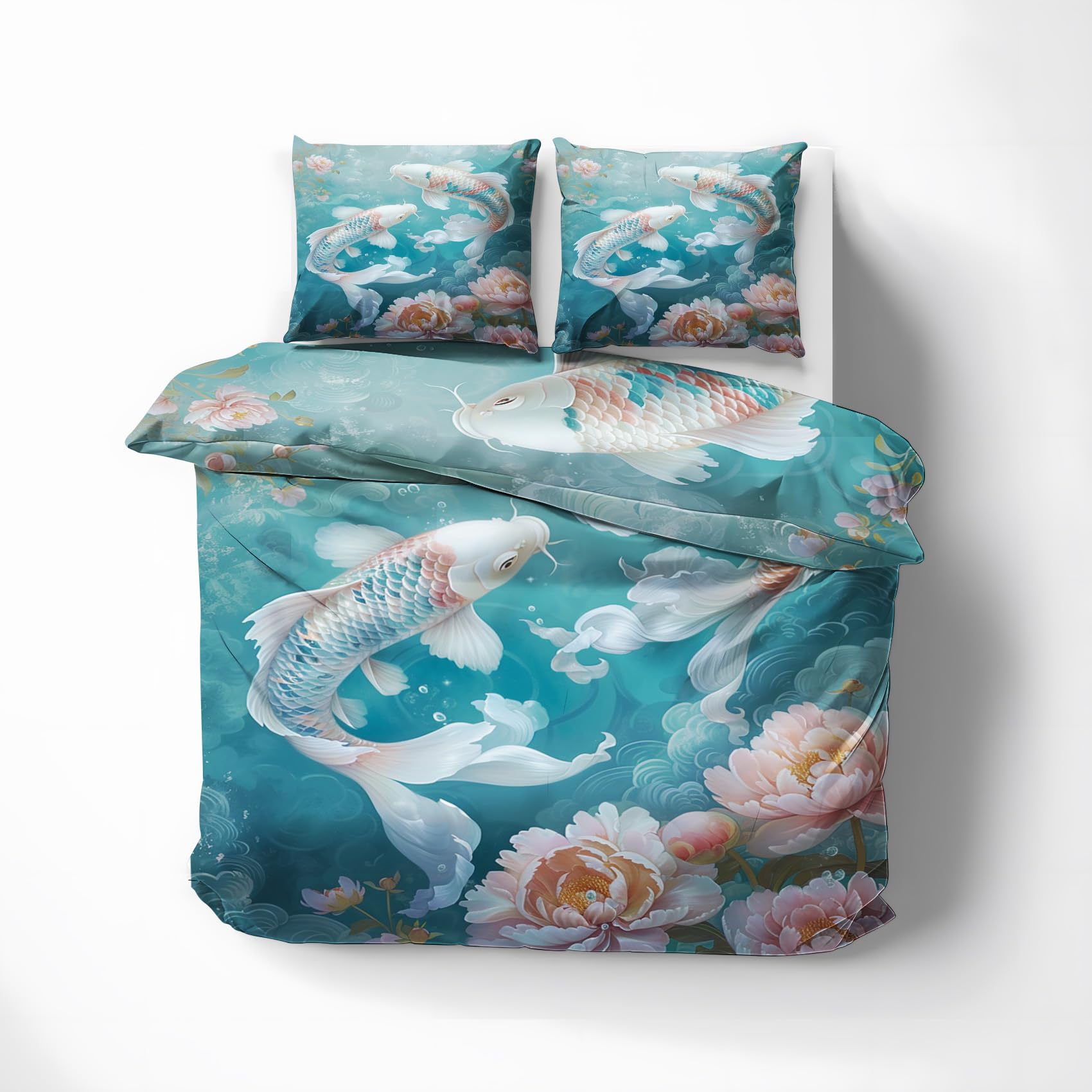 Epzylqyr White Fish Couple Duvet Cover Full Size, Underwater Peony Duvet Cover Set 3 pcs, 3D Fish Bedding Set with Zipper Closure, 1 Duvet Cover 80x90 inches and 2 Pillow Shams