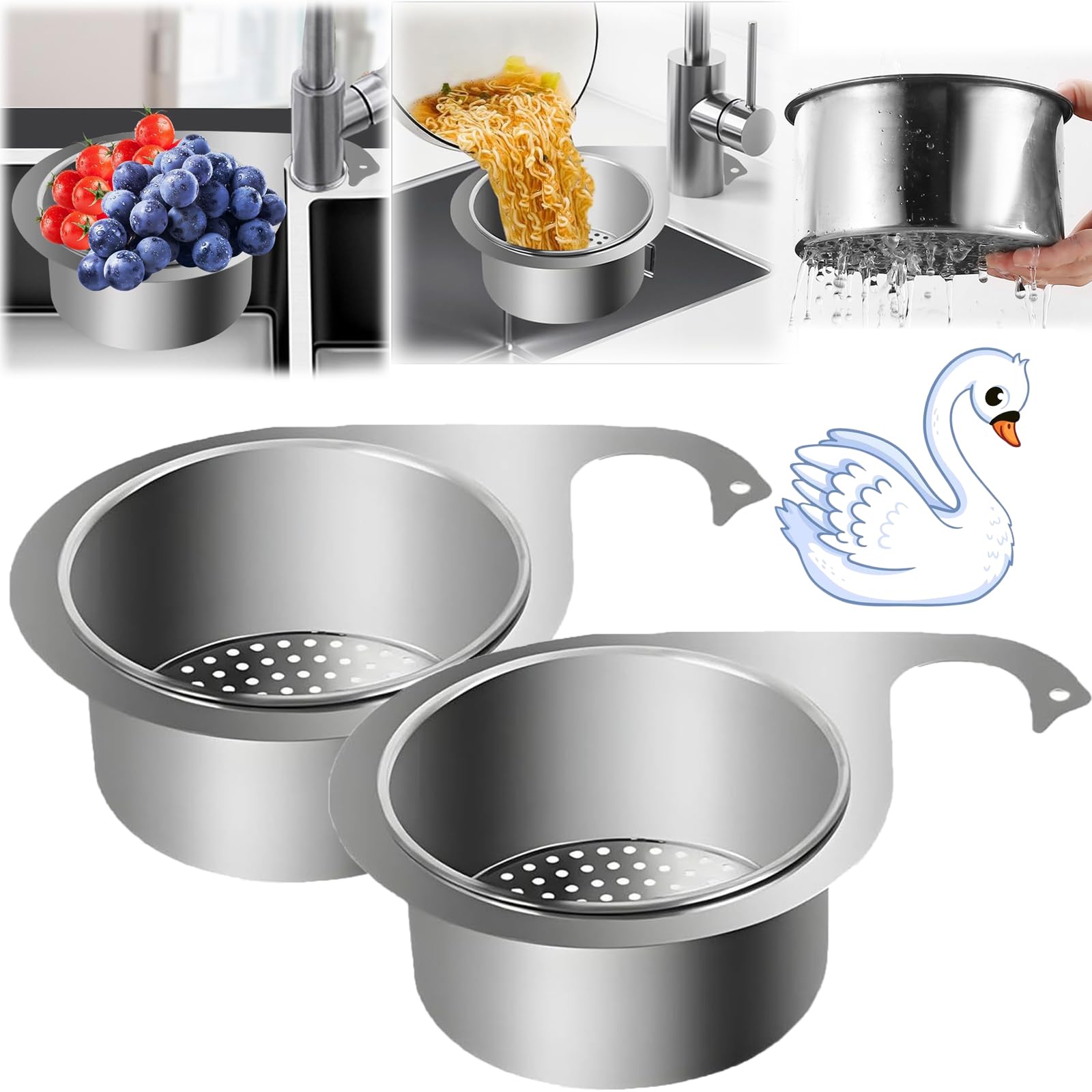 2PCS Stainless Steel Swan Sink Strainer Basket, 2024 New Multifunction Hanging Sink Strainer Colander Drain Basket, Corner Sink Strainer, Kitchen Sink Drain Strainer (A-2PCS)