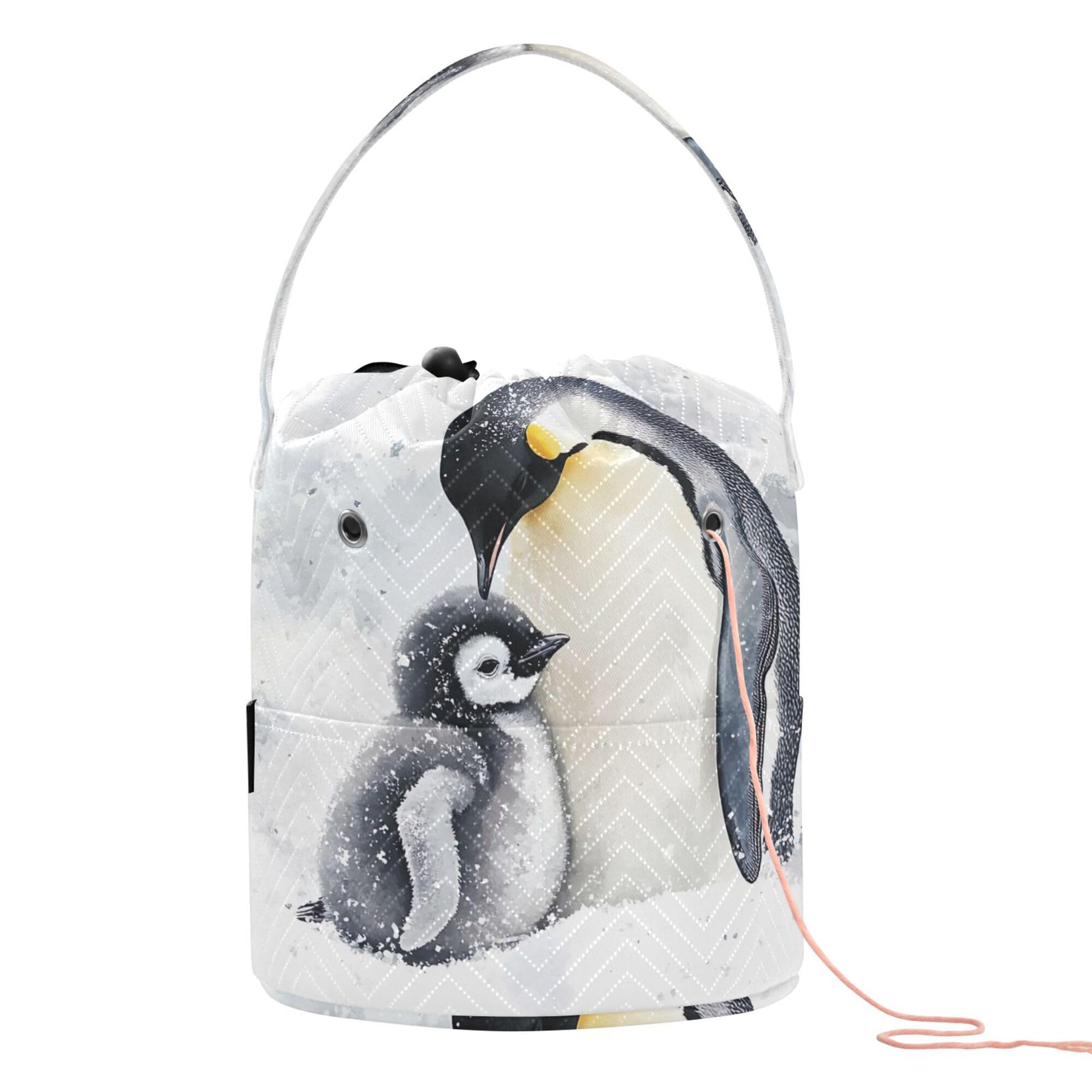 PYBUG Penguin Yarn Storage Tote with Knitting Accessories Pockets Portable Large Capacity Travel Knitting Bag Crochet Organizer for Crocheting