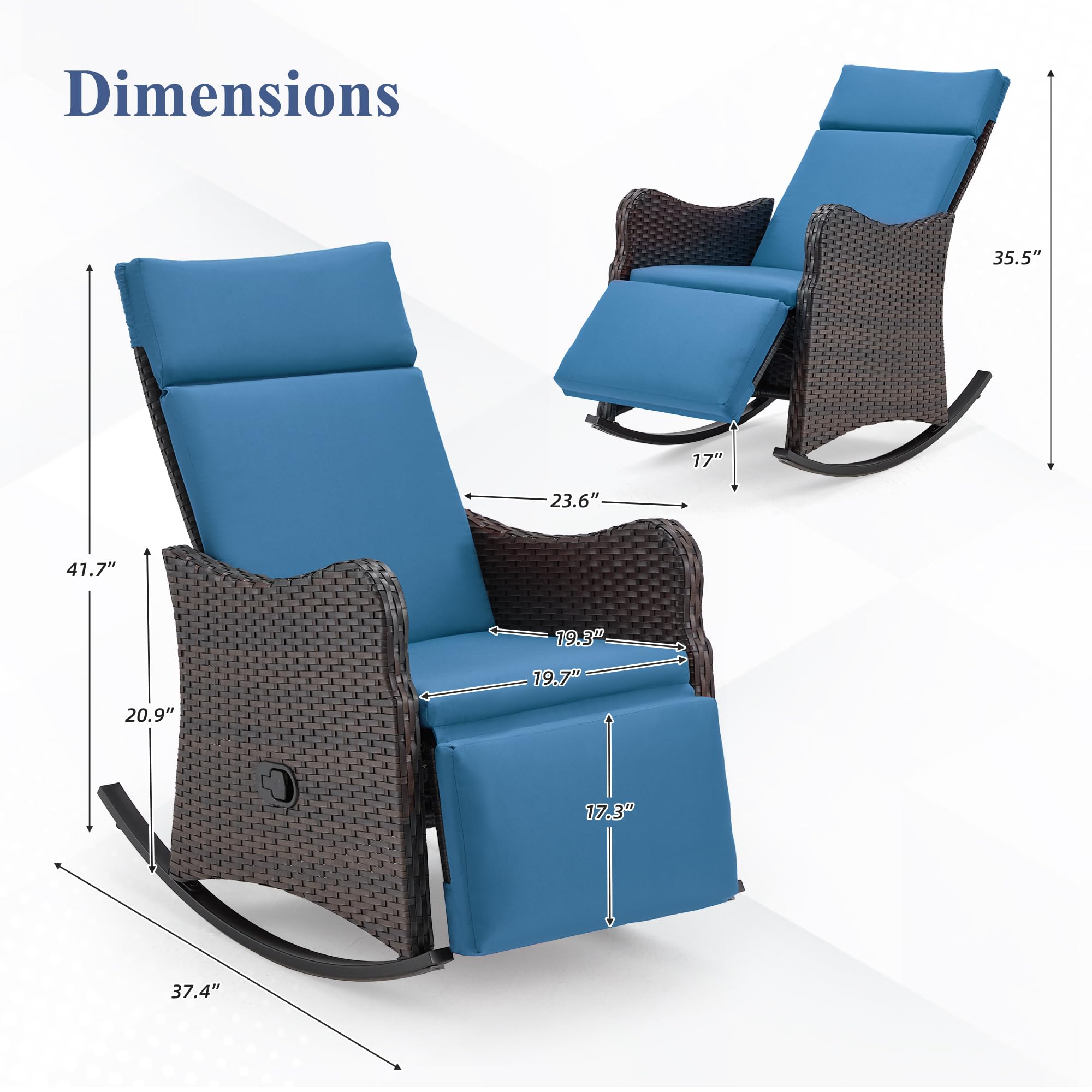 GYUTEI Outdoor Recliner Chairs Set of 2, Rocking Chair with Soft Removable Cushion, Lounge Chair with Footrest, Navy Blue