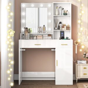 knoworld makeup vanity desk with mirror & lights and outlet, make up table with 3 shelves, 2 drawers & 1 cabinet, 3 lighting modes & adjustable brightness dressing table for bedroom, white