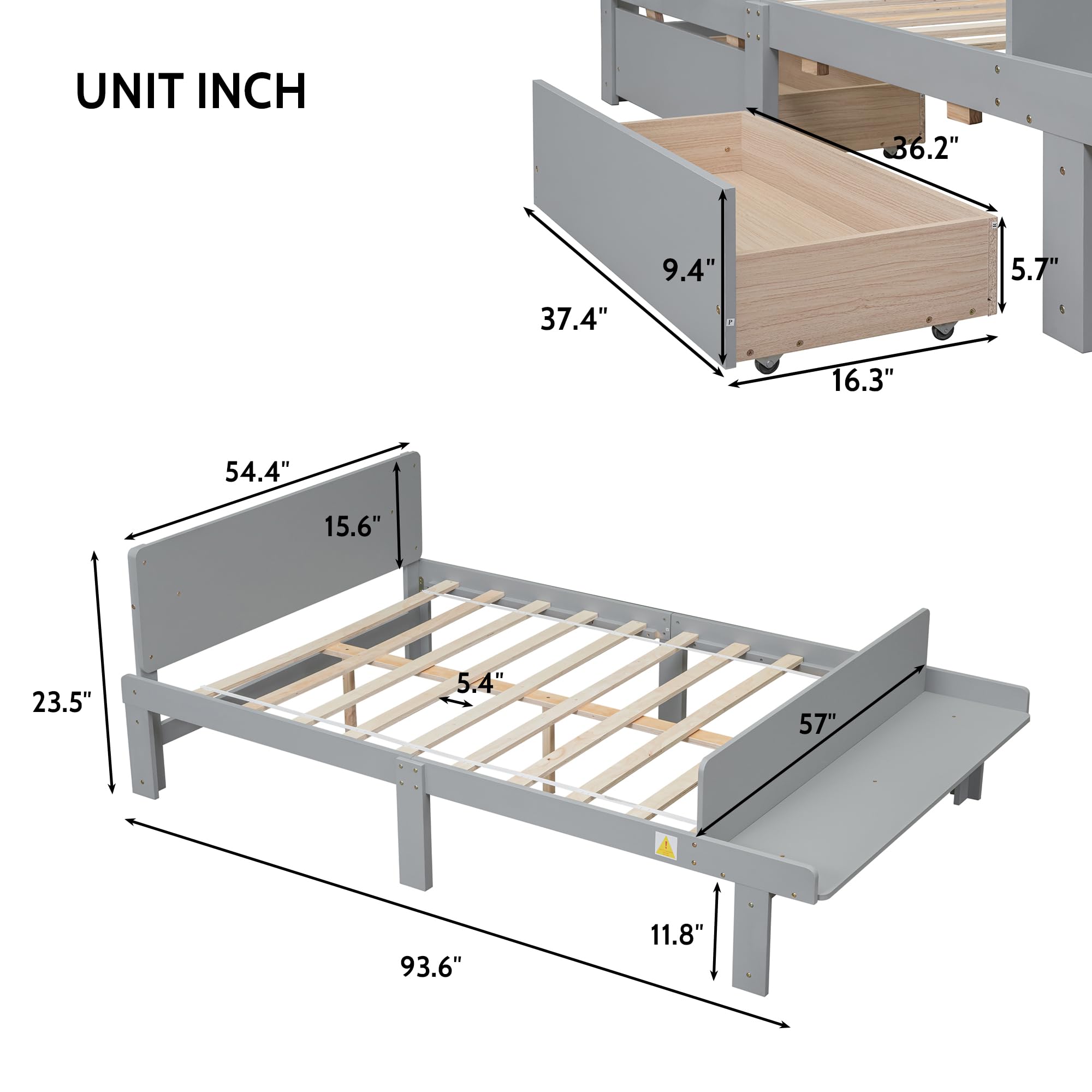 Full Size Bed Frame with 2 Storage Drawers, Wood Full Kids Platform Bed with Headboard and Footboard Bench for Bed Room Apartment, Full Storage Bed for Boys Girls (Grey with Drawers)