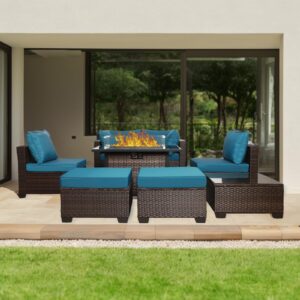 VRSHWO 8 Pieces Outdoor Patio Furniture Set with Fire Pit Table 44", 50000 BTU Propane Gas Fire Pit, Patio Sectional Conversation Sets Wicker Rattan Sofa Couch with Coffee Table, Blue