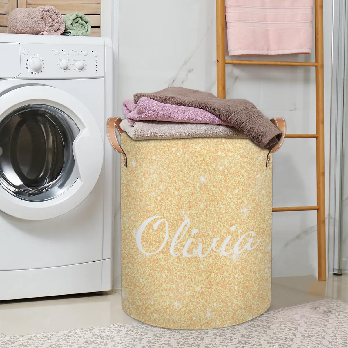 SPYORBKX Custom Laundry Basket with Name, Personalized Baby Laundry Hamper for Bedroom Bathroom, Round Storage Basket with Handle for Men Women Sparking