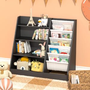 naches montessori kid bookshelf toddler bookcase cabinet children book rack display toy storage organizer 4 tier 5 sling deep sleeves classroom bedroom nursery playroom wood (black)