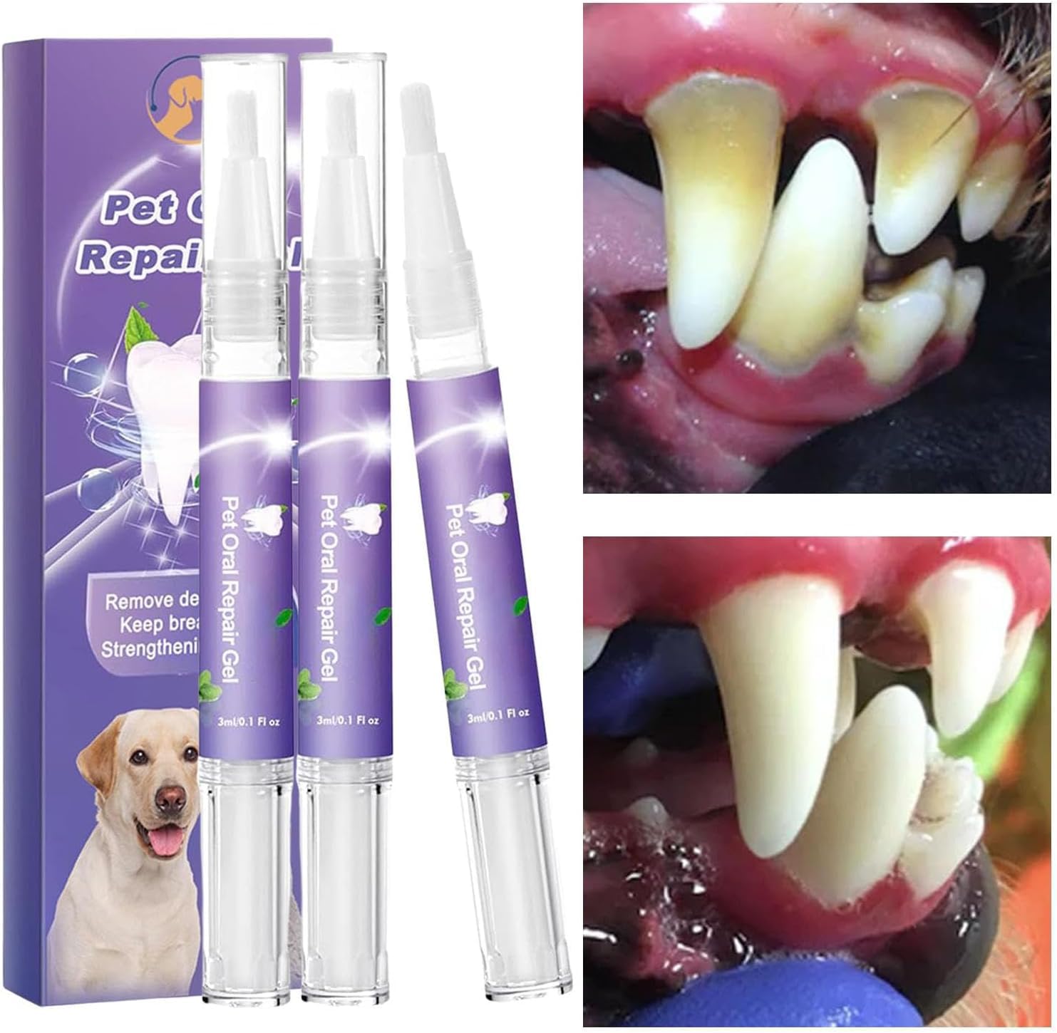 Pet Oral Repair Gel, Pet Oral Restoration Whitening Gel, Cat Dental Care, Dog Toothbrushes, Pet Teeth Care Gel Cleaner Teeth & Fresher Breath, Without Brushing, Suitable for Dogs and Cats (3Pcs)