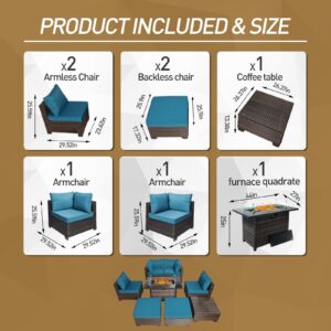 VRSHWO 8 Pieces Outdoor Patio Furniture Set with Fire Pit Table 44", 50000 BTU Propane Gas Fire Pit, Patio Sectional Conversation Sets Wicker Rattan Sofa Couch with Coffee Table, Blue