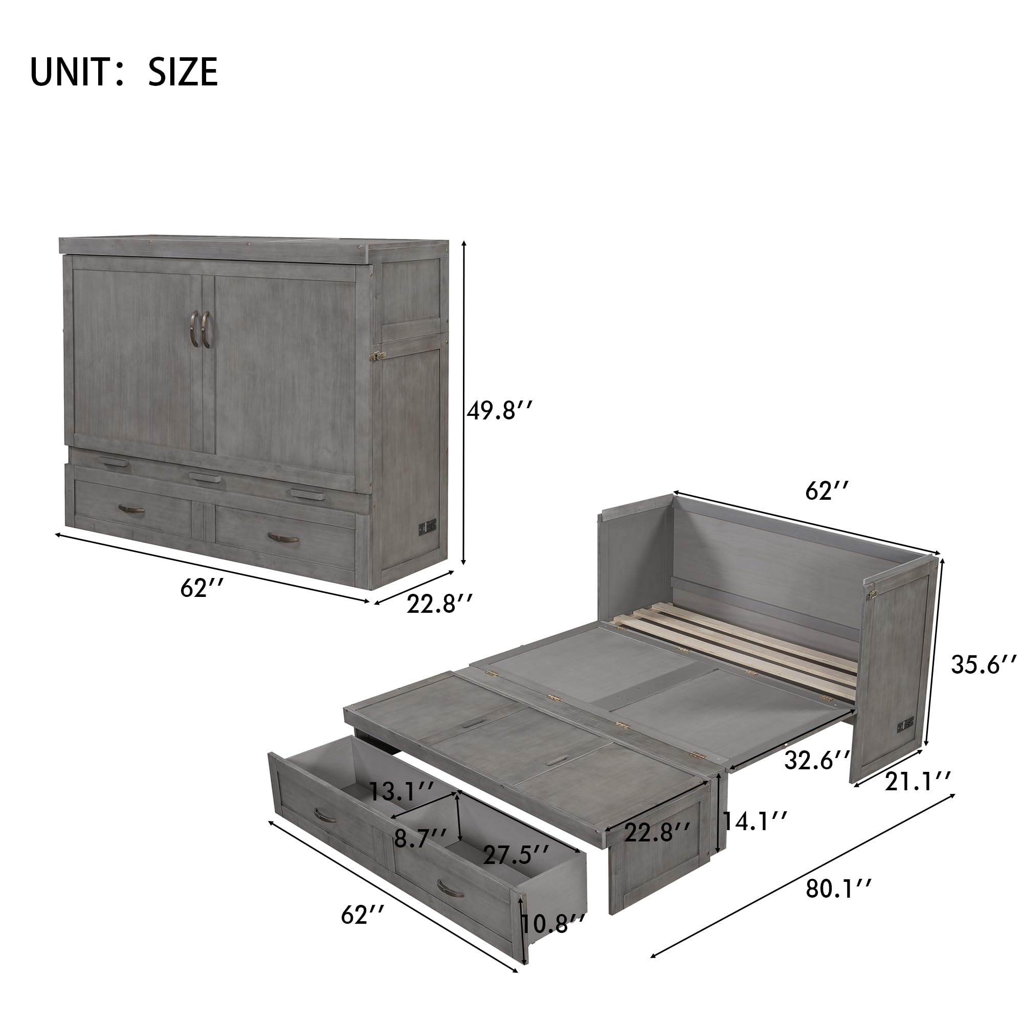 Ball & Cast Queen Size Murphy Bed with Storage Drawers, Murphy Cabinet Bed with USB Ports and Metal Handles,Wooden Platform Bedframe can be Foldabled, Space Saving, Antique Grey