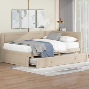 Merax Twin Size Wood Daybed with Trundle and Guardrail, Beige