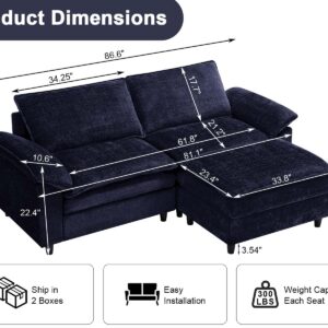 Suheww Cloud Sofa sectional Modular Loveseat Sofa couches, 86.6" Modern 2-Seat Convertible Loveseat Sofa with Ottoman, Comfy L-Shaped Extra Deep Seat Sofa Couch for Living Room Apartment（Blue