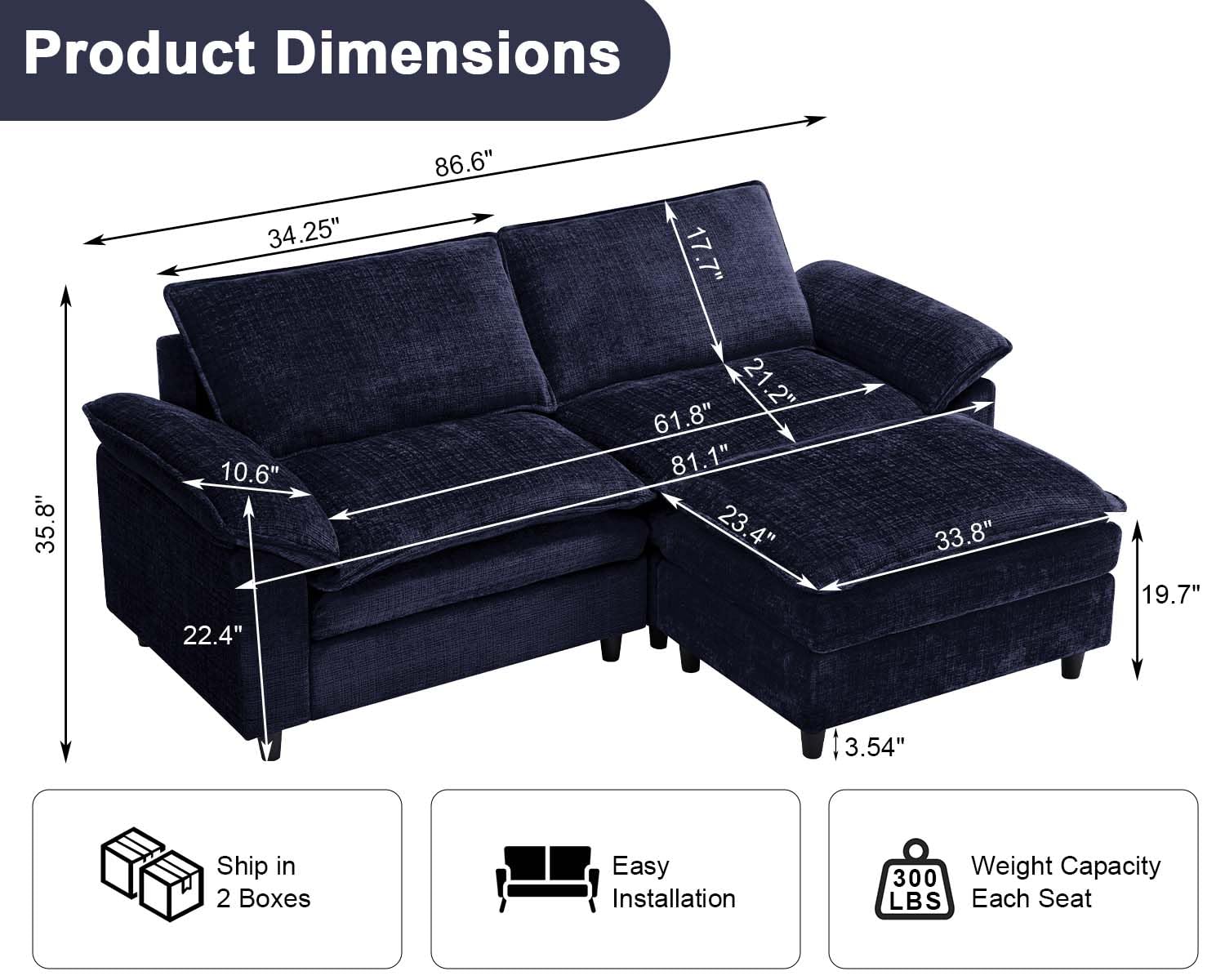 Suheww Cloud Sofa sectional Modular Loveseat Sofa couches, 86.6" Modern 2-Seat Convertible Loveseat Sofa with Ottoman, Comfy L-Shaped Extra Deep Seat Sofa Couch for Living Room Apartment（Blue