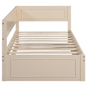 Merax Twin Size Wood Daybed with Trundle and Guardrail, Beige