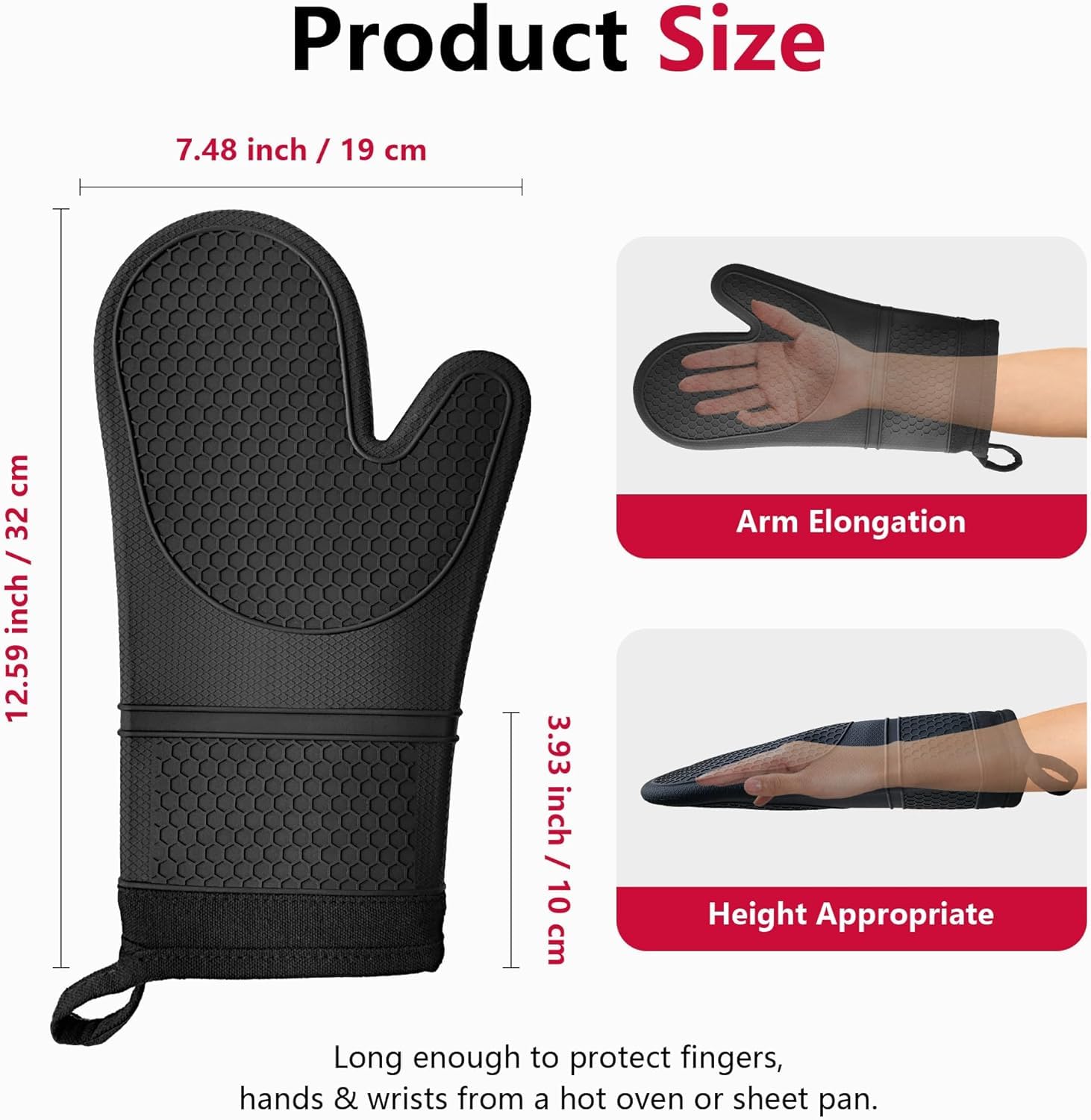 Extra Long Silicone Oven Mitts, Heat and Slip Resistant Oven Mitts with Soft Cotton Lining Non-Slip Textured Grip, Long Flexible Thick Gloves for BBQ, Baking, Cooking, 12.59 inches, Black