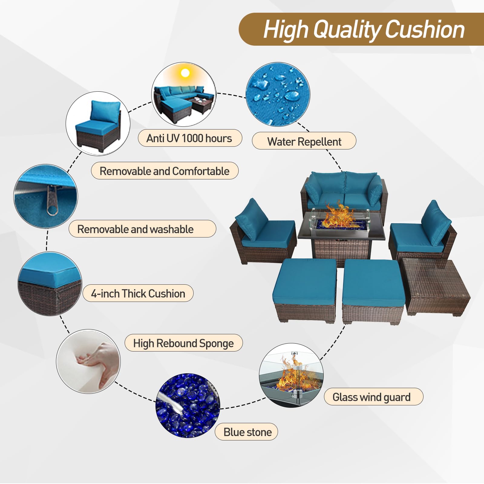 VRSHWO 8 Pieces Outdoor Patio Furniture Set with Fire Pit Table 44", 50000 BTU Propane Gas Fire Pit, Patio Sectional Conversation Sets Wicker Rattan Sofa Couch with Coffee Table, Blue