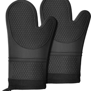 Extra Long Silicone Oven Mitts, Heat and Slip Resistant Oven Mitts with Soft Cotton Lining Non-Slip Textured Grip, Long Flexible Thick Gloves for BBQ, Baking, Cooking, 12.59 inches, Black