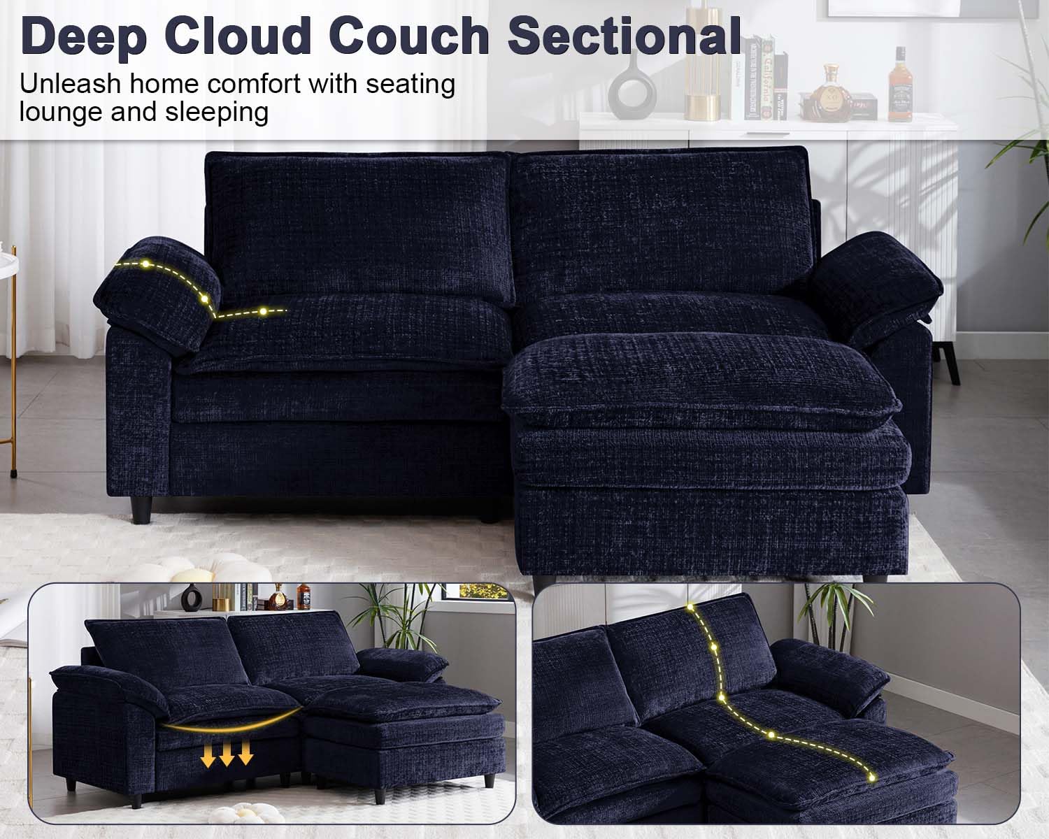 Suheww Cloud Sofa sectional Modular Loveseat Sofa couches, 86.6" Modern 2-Seat Convertible Loveseat Sofa with Ottoman, Comfy L-Shaped Extra Deep Seat Sofa Couch for Living Room Apartment（Blue