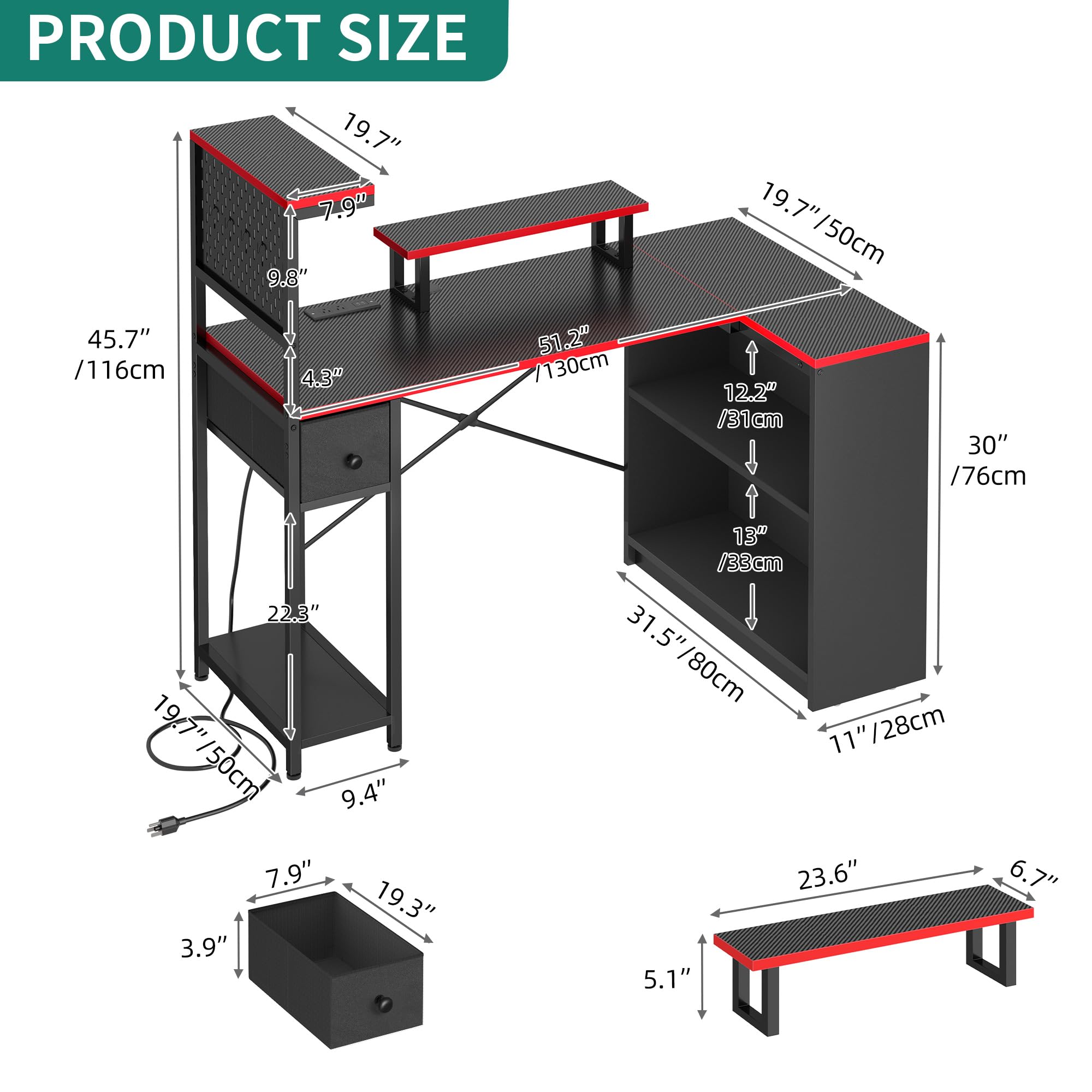 YITAHOME L Shaped Gaming Desk with Drawer and Storage Shelves, 51 Inch Reversible Computer Desk with LED Lights & Hutch, Corner Desk Gaming Table with Monitor Stand & Pegboard, Black Carbon Fiber