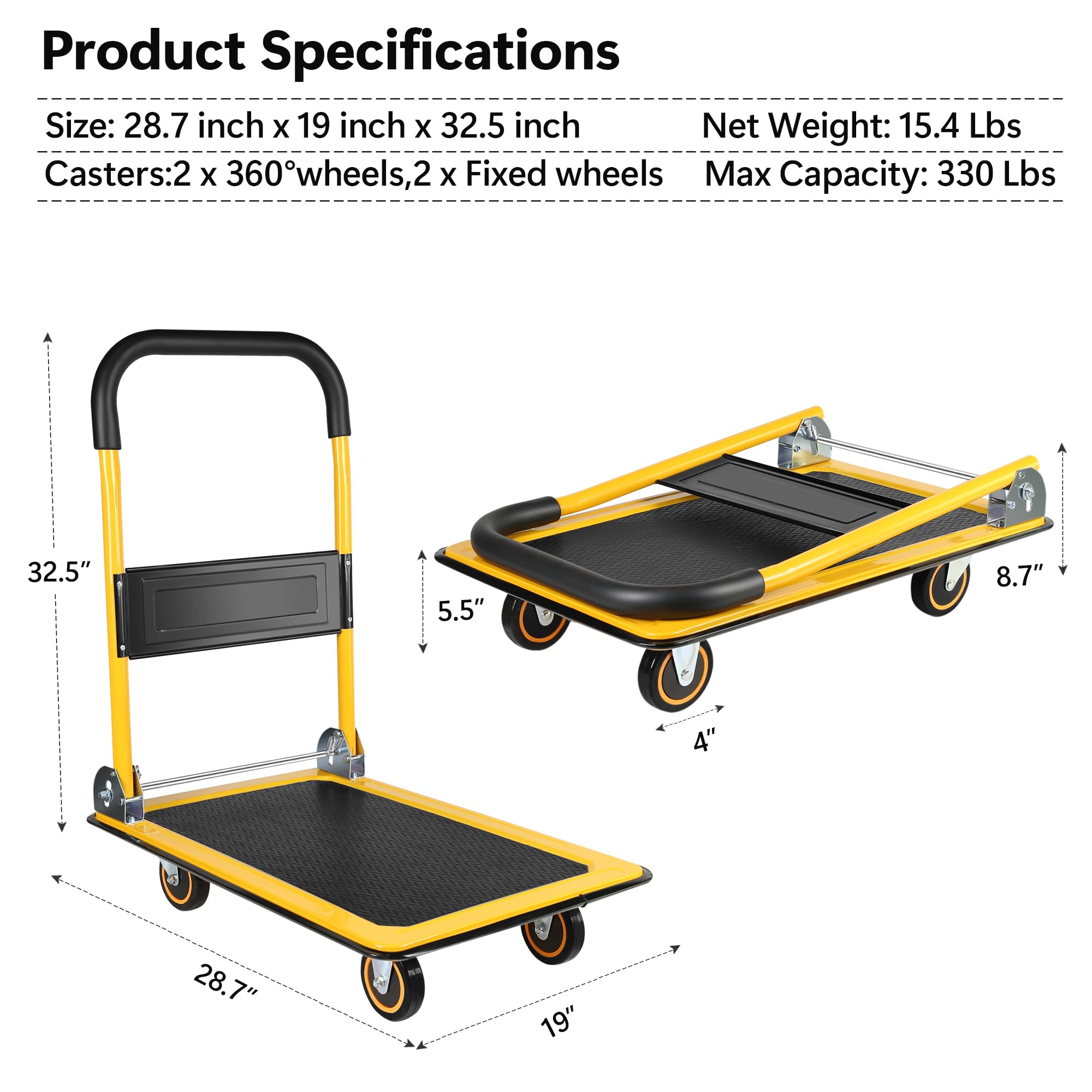 Foldable Push Cart Dolly Upgraded 330 lbs Carts with Wheels Stable Platform Hand Cart Practical Foldable Space Saving Folding Platform Truck (Yellow)