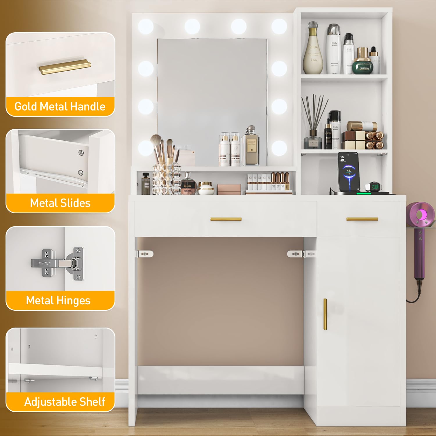 knoworld Makeup Vanity Desk with Mirror & Lights and Outlet, Make up Table with 3 Shelves, 2 Drawers & 1 Cabinet, 3 Lighting Modes & Adjustable Brightness Dressing Table for Bedroom, White