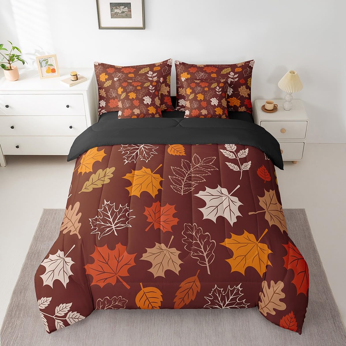 Erosebridal Autumn Harvest Comforter 7 Pieces King Size for Kids Teens with 2 Pillow Cases Fall Leaves Bedding Set Thanksgiving Day Sheet Set Rustic Farmhouse Bed Set Gold Fallen Leaf Fitted Sheet