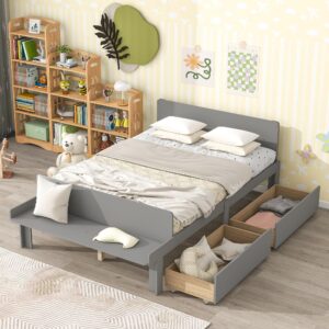 Full Size Bed Frame with 2 Storage Drawers, Wood Full Kids Platform Bed with Headboard and Footboard Bench for Bed Room Apartment, Full Storage Bed for Boys Girls (Grey with Drawers)