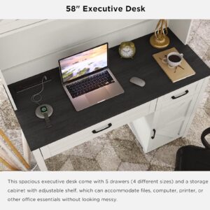 Farmhouse 47" Executive Desk, Computer Desk with 2 Drawers and Storage Cabinet, Home Office Desk with Hutch, Charging Hub, Workspace for Work and Study,Black