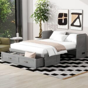 ball & cast queen size murphy bed with storage drawers, murphy cabinet bed with usb ports and metal handles,wooden platform bedframe can be foldabled, space saving, antique grey