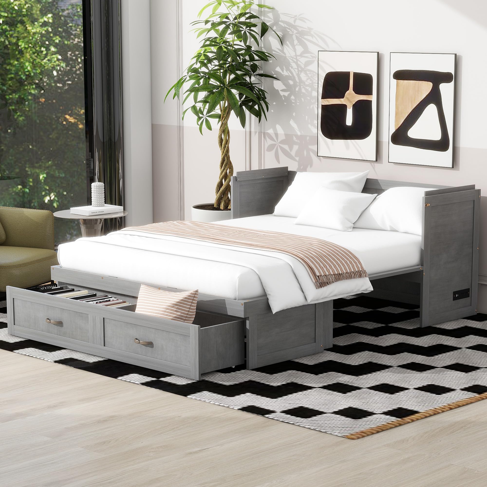 Ball & Cast Queen Size Murphy Bed with Storage Drawers, Murphy Cabinet Bed with USB Ports and Metal Handles,Wooden Platform Bedframe can be Foldabled, Space Saving, Antique Grey