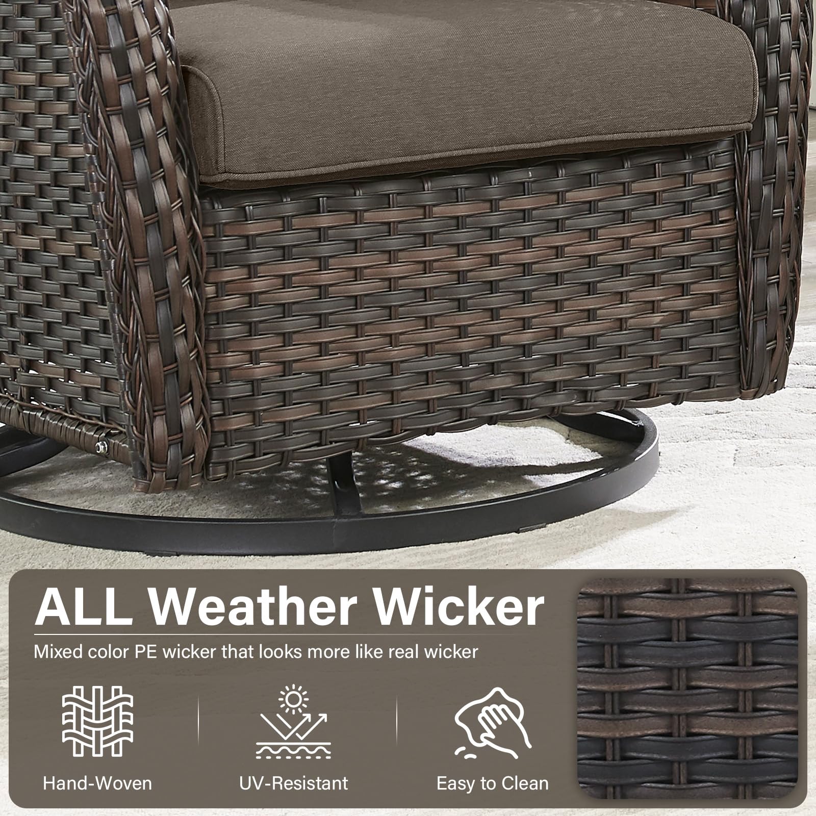 Artfurniz Outdoor Swivel Rocker Patio Chairs with 5" Thick Cushion - 3 Piece Wicker Bistro Set with Side Table, High Back Comfty Outdoor Glider Chairs for Balcony, Porch, Deck, Poolside - Brown/Gray