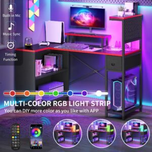 YITAHOME L Shaped Gaming Desk with Drawer and Storage Shelves, 51 Inch Reversible Computer Desk with LED Lights & Hutch, Corner Desk Gaming Table with Monitor Stand & Pegboard, Black Carbon Fiber