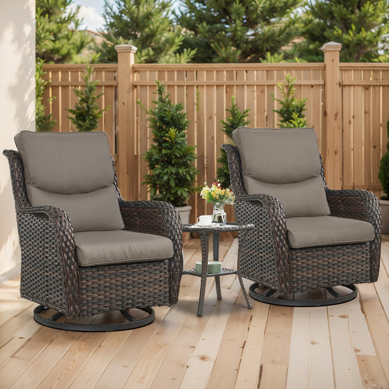 Artfurniz Outdoor Swivel Rocker Patio Chairs with 5" Thick Cushion - 3 Piece Wicker Bistro Set with Side Table, High Back Comfty Outdoor Glider Chairs for Balcony, Porch, Deck, Poolside - Brown/Gray