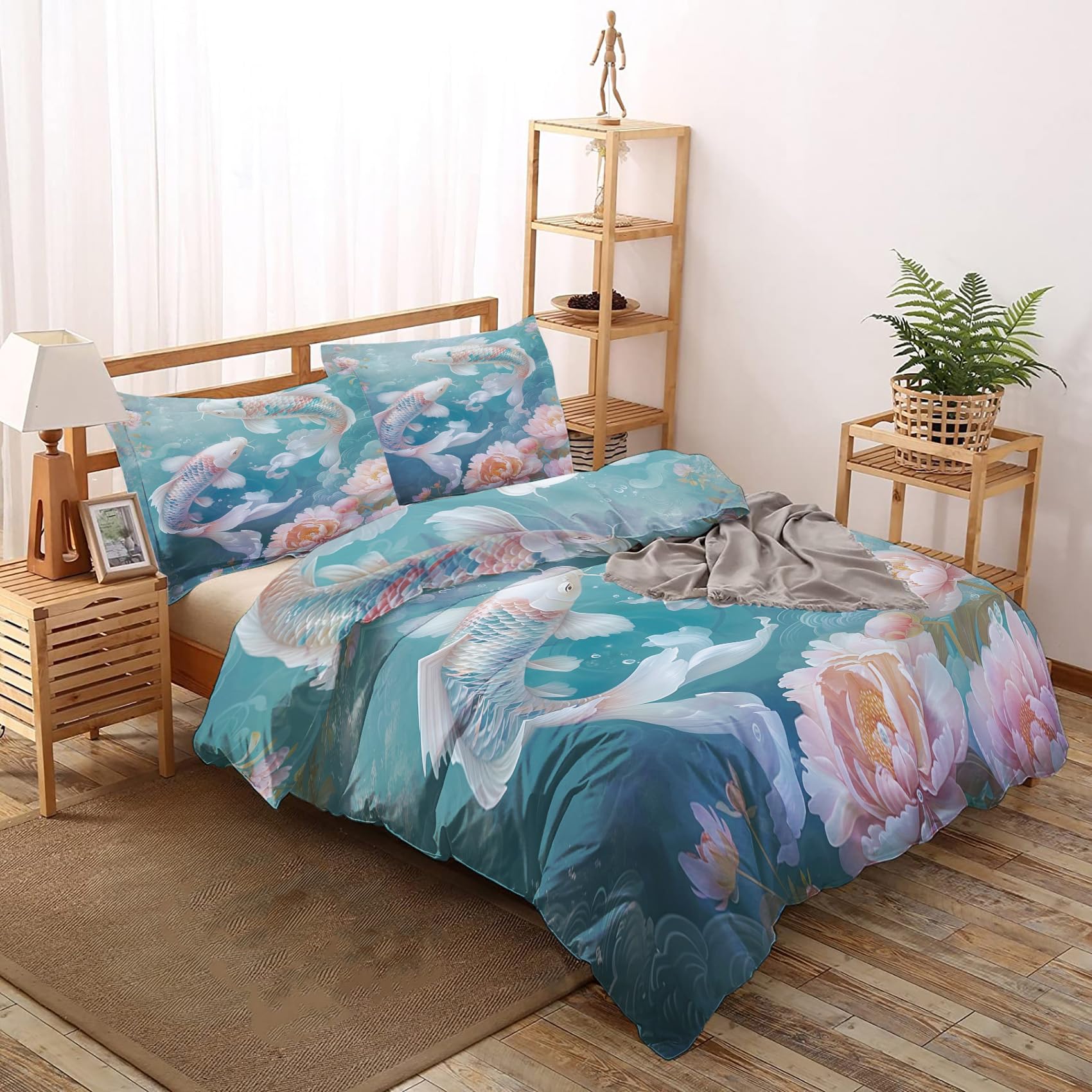 Epzylqyr White Fish Couple Duvet Cover Full Size, Underwater Peony Duvet Cover Set 3 pcs, 3D Fish Bedding Set with Zipper Closure, 1 Duvet Cover 80x90 inches and 2 Pillow Shams